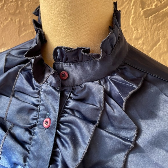 WOMAN BLUE BLOUSE LONG SLEEVES RUFFLED NECKLINE HIGH NECK BUTTONS SIZE M - Picture 9 of 16